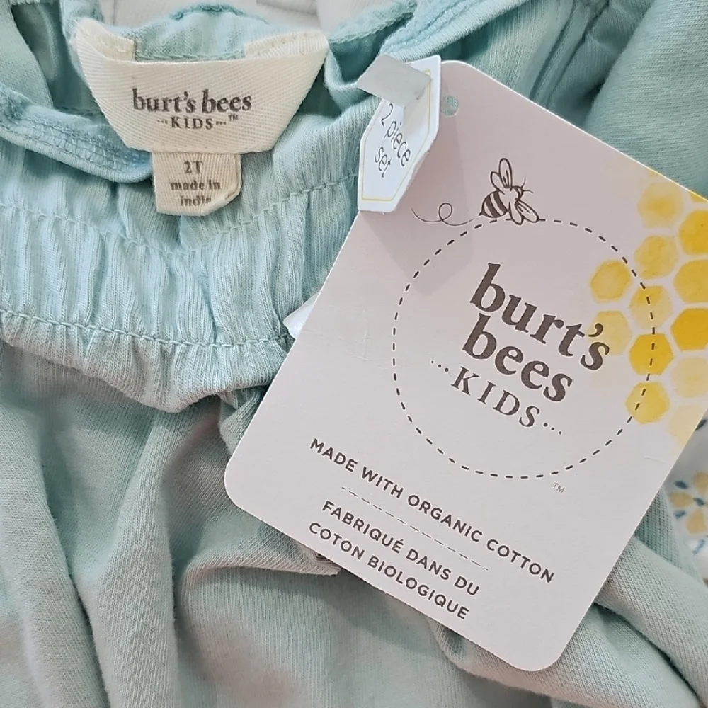 NWT Burt's Bees Girls Light Aqua Organic Cotton Long Sleeve Legging Set. Size 2